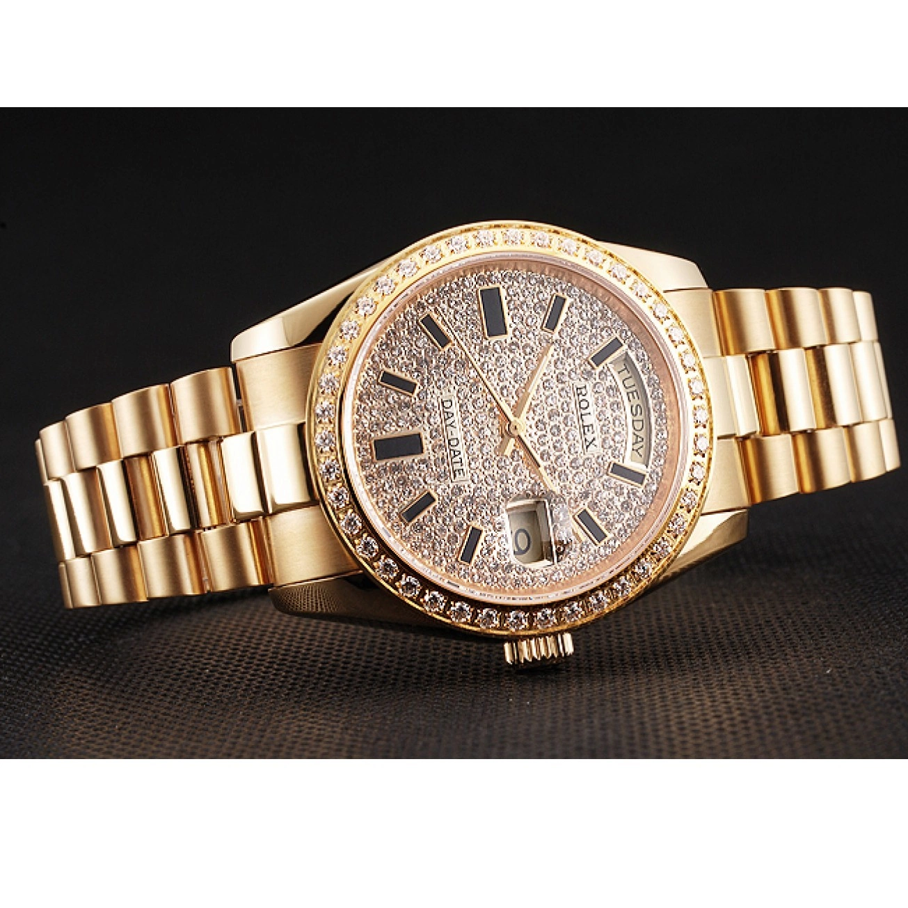 MiroTime 0811 Swiss Rolex Day Date Diamond Pave Dial And Bezel Gold Case And Bracelet